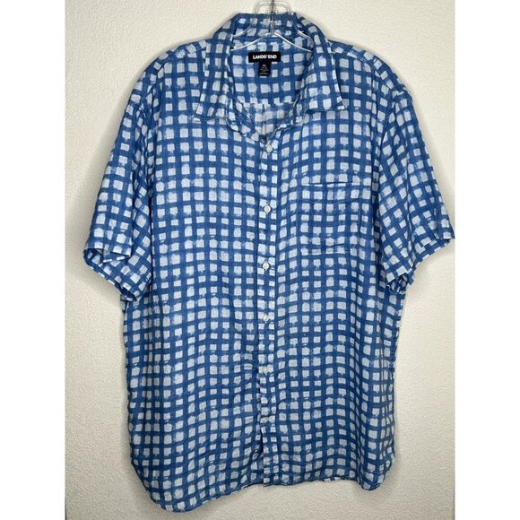 Lands’ End Shirt Mens XL Blue White Linen Check Plaid Button Up Tailored Fit - Picture 2 of 13